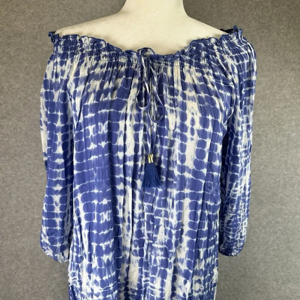 Tie Dye On Off The Shoulder Boho Peasant Hippie Bishop Sleeve Blouse Tunic Small